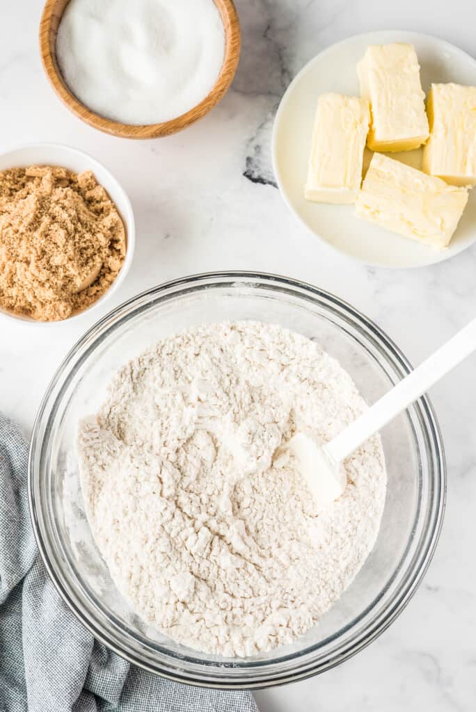 Dry ingredients for cookies in mixing bowl