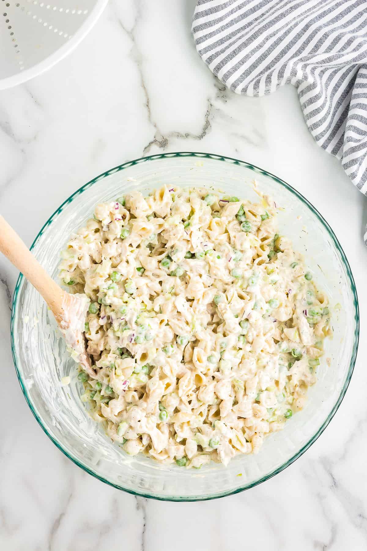 Glass bowl with tuna pasta salad