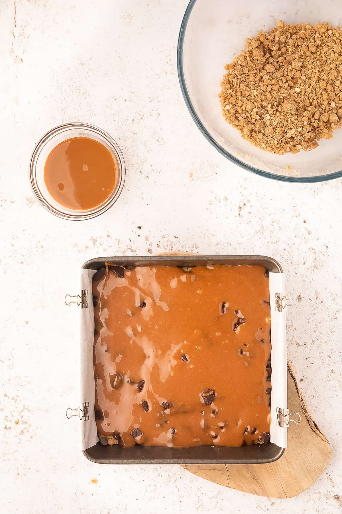 Caramel poured over chocolate