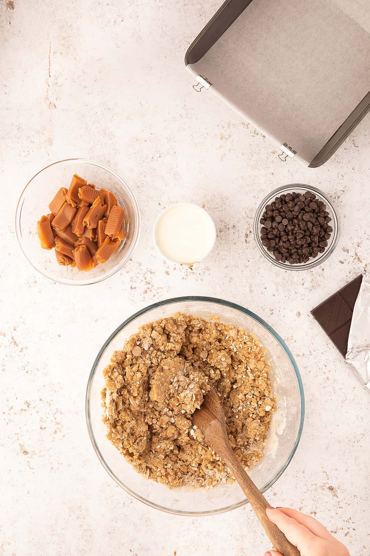 Oat crust mixed in mixing bowl