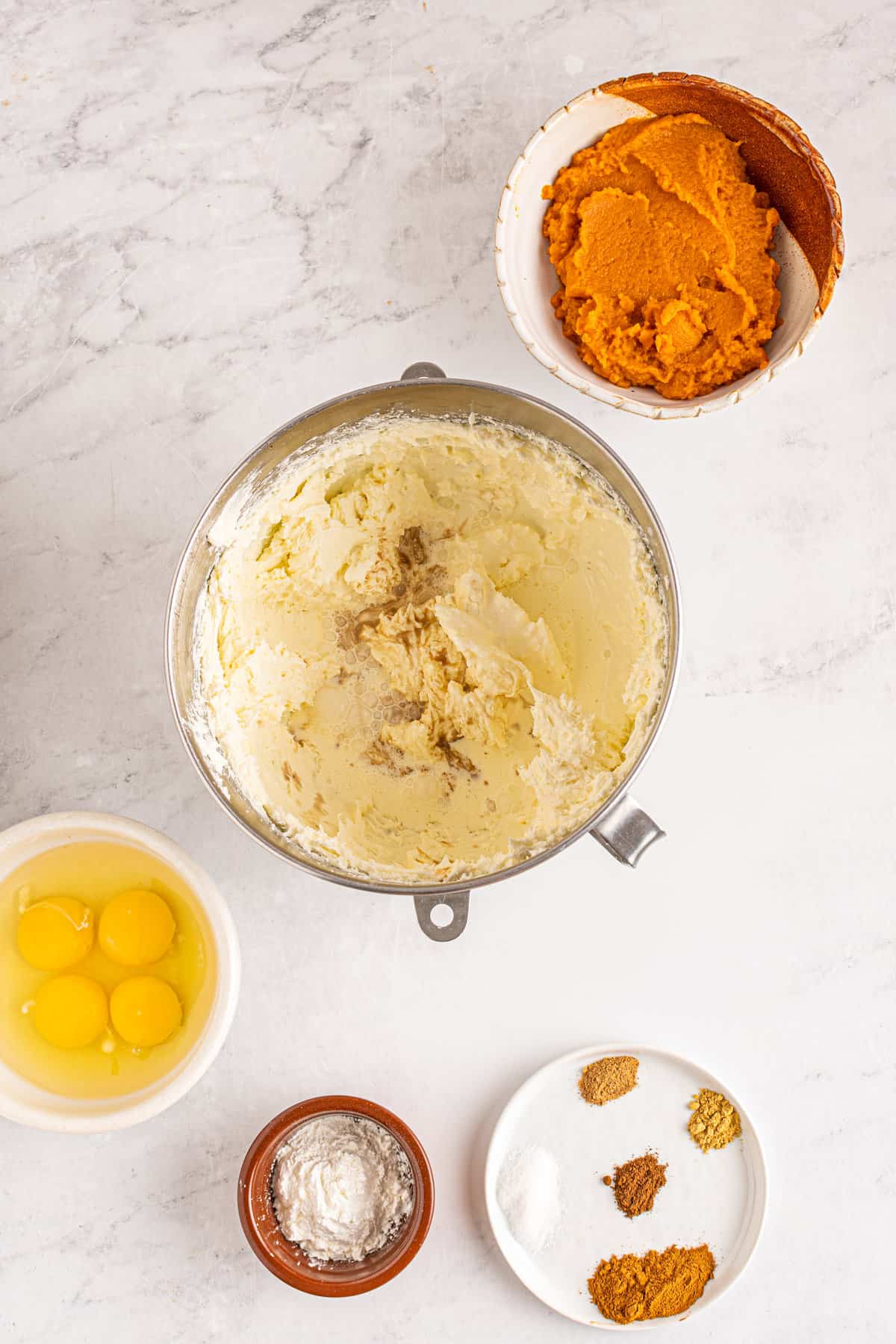 Mixing bowl with cream cheese beaten until smooth