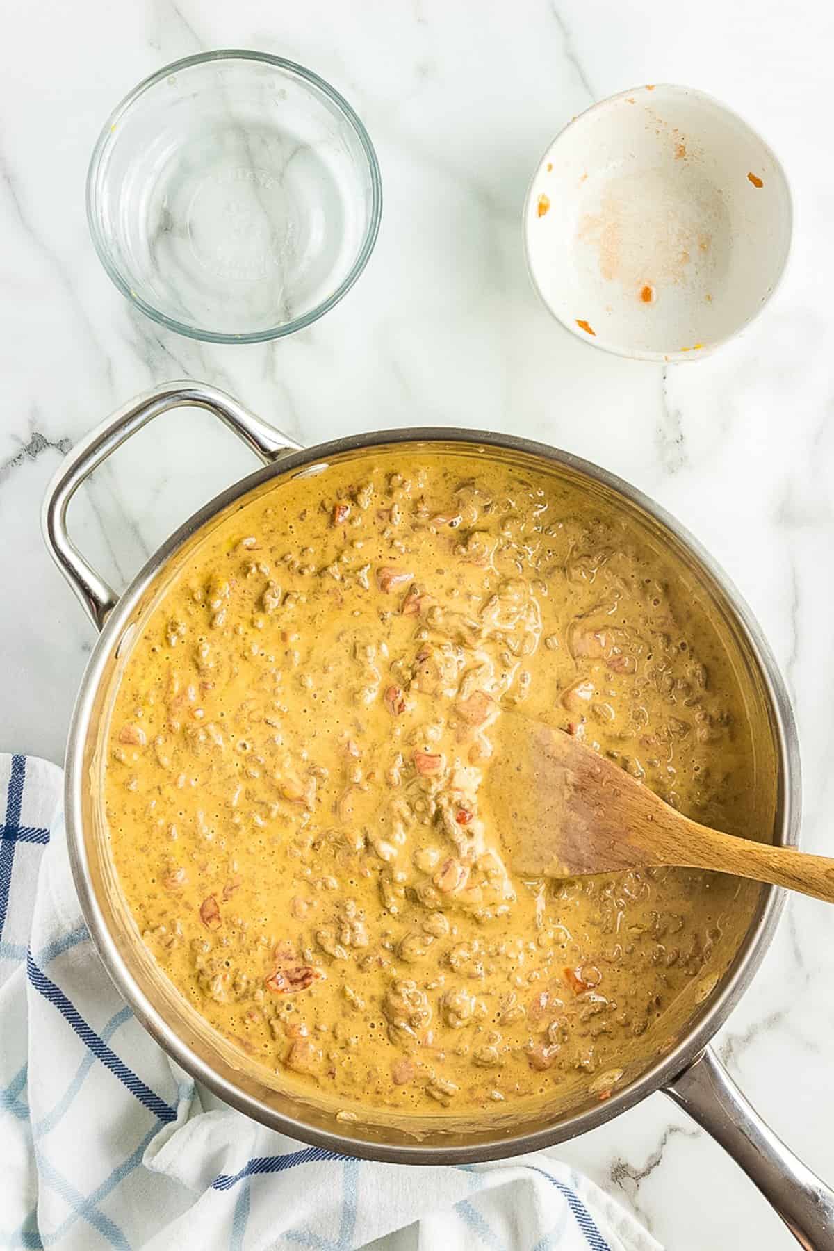 Skillet with Rotel Dip in it