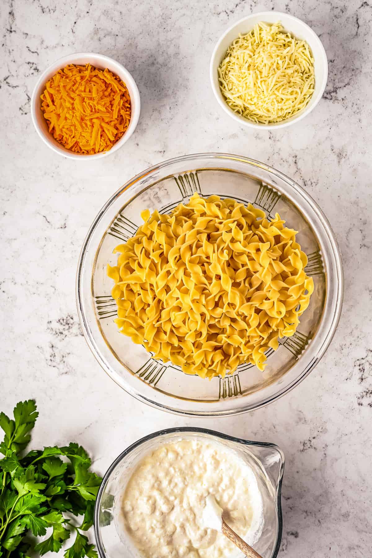 Glass bowl with egg noodles