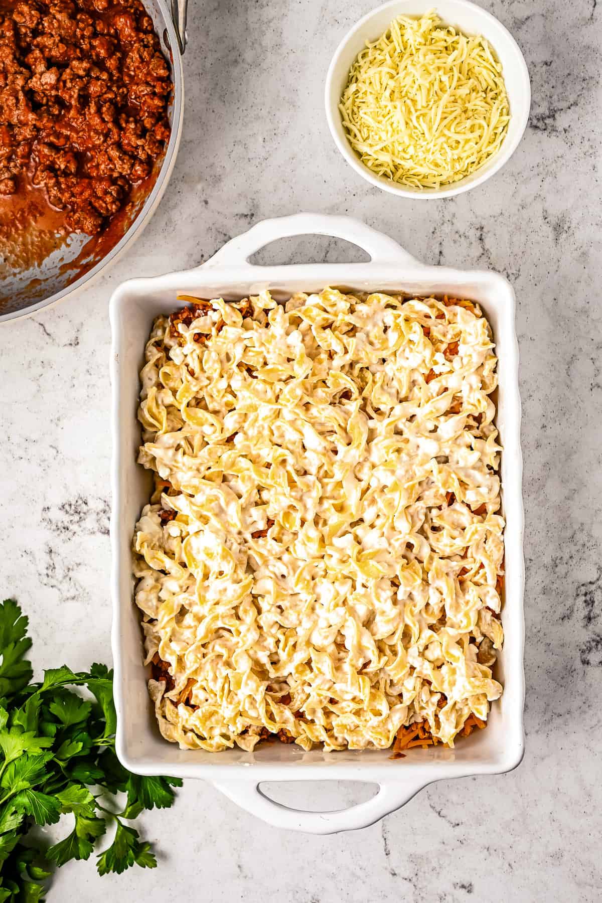 Egg noodles in casserole dish