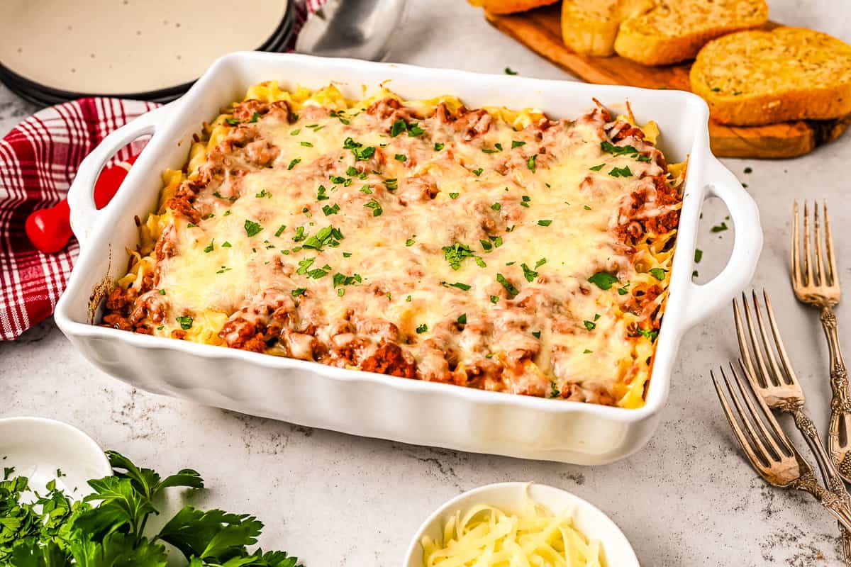 Sour Cream Noodle Bake in a white casserole dish