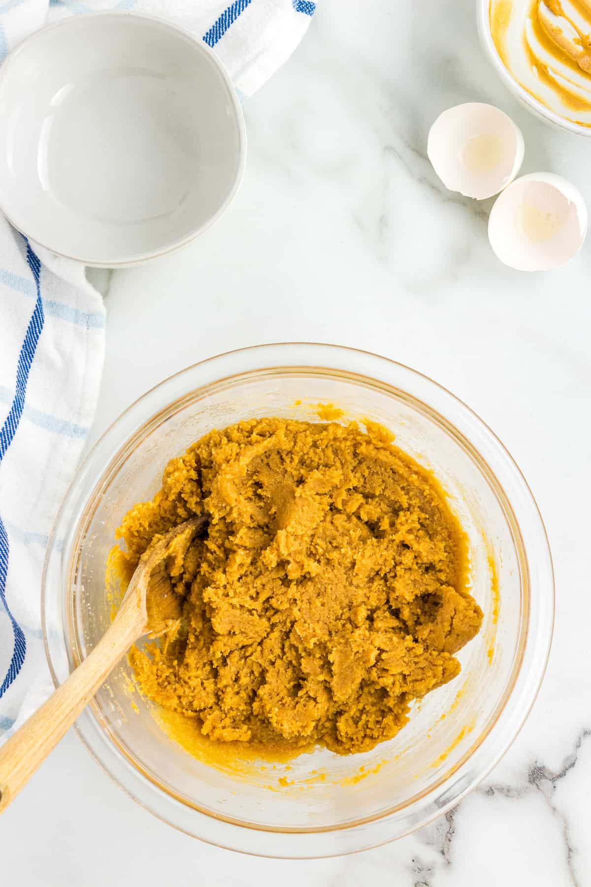 Glass bowl with peanut butter cookie dough