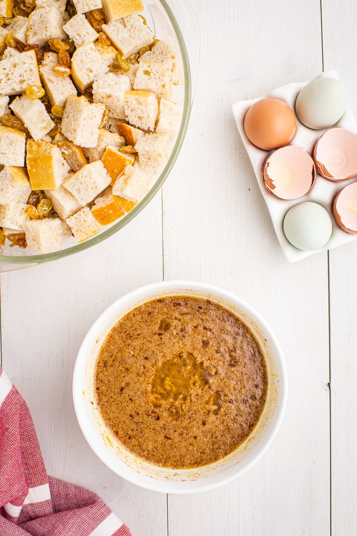 Bowl with eggs, sugar and spices in it after whisking