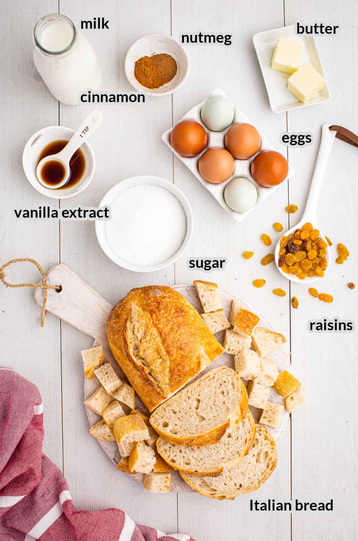 Overhead image of Bread Pudding Ingredients