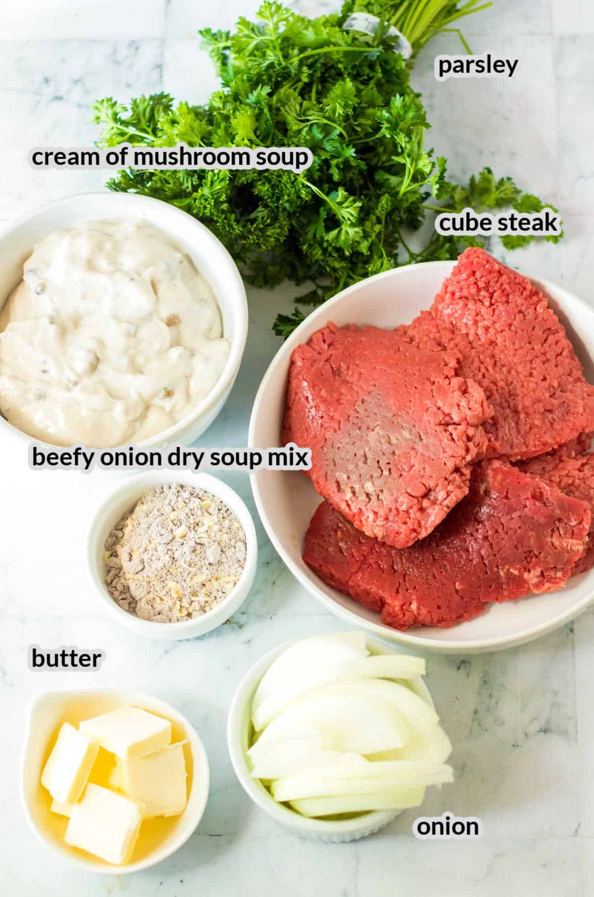Overhead image of Crock Pot Cube Steak Ingredients