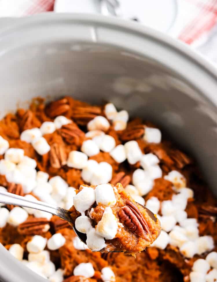 Cooked sweet potato casserole in crock pot