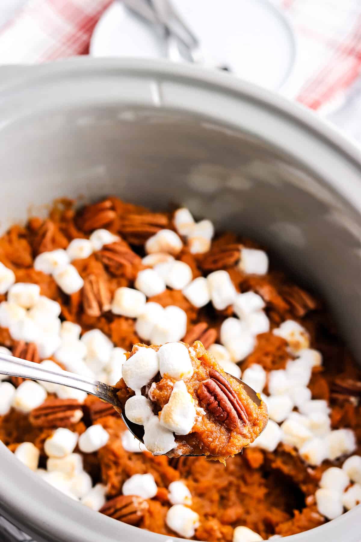 Cooked sweet potato casserole in crock pot