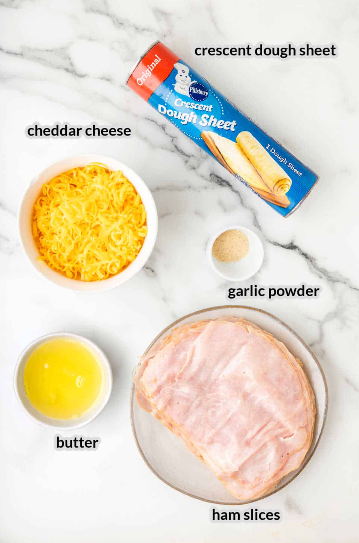 Overhead image of Ham and Cheese Pinwheels Ingredients