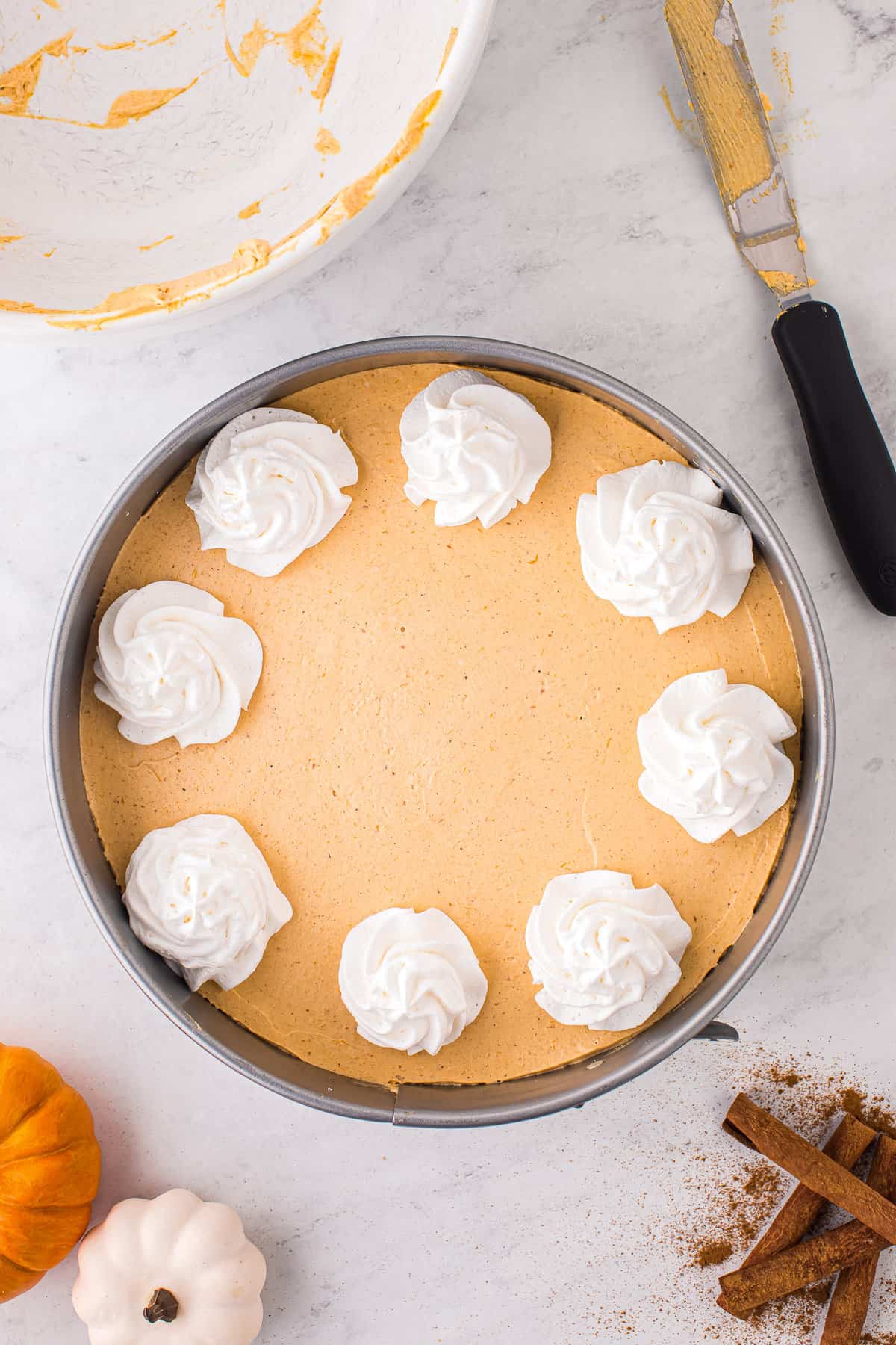 Springform pan with pumpkin cheesecake and whipped topping on top