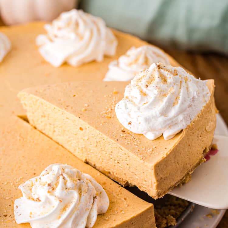 Take a slice of pumpkin cheesecake out of a cheesecake
