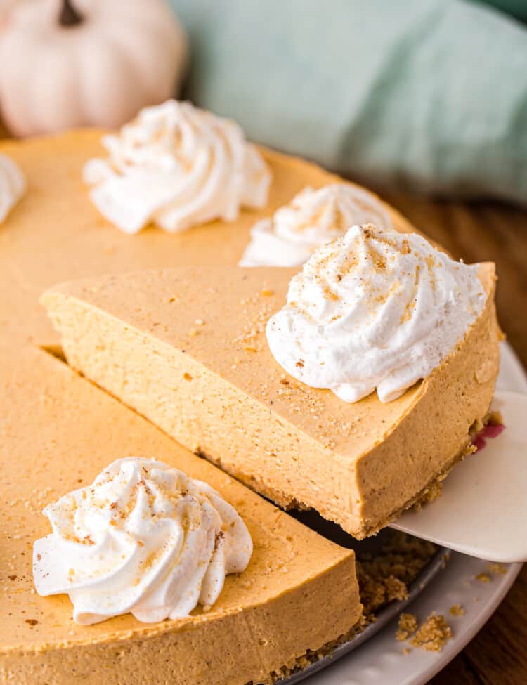 Take a slice of pumpkin cheesecake out of a cheesecake