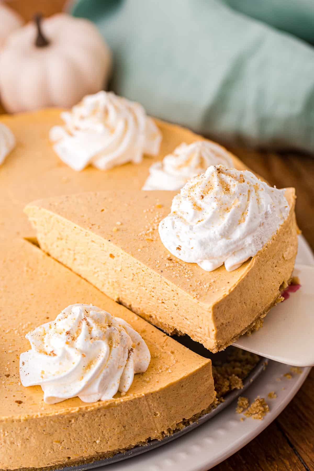 Take a slice of pumpkin cheesecake out of a cheesecake