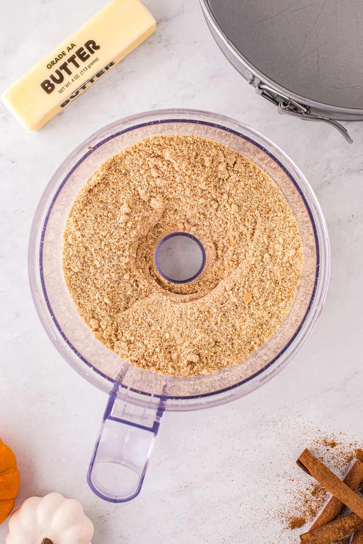 Food processor with pumpkin pie spice and crushed Nilla Wafers