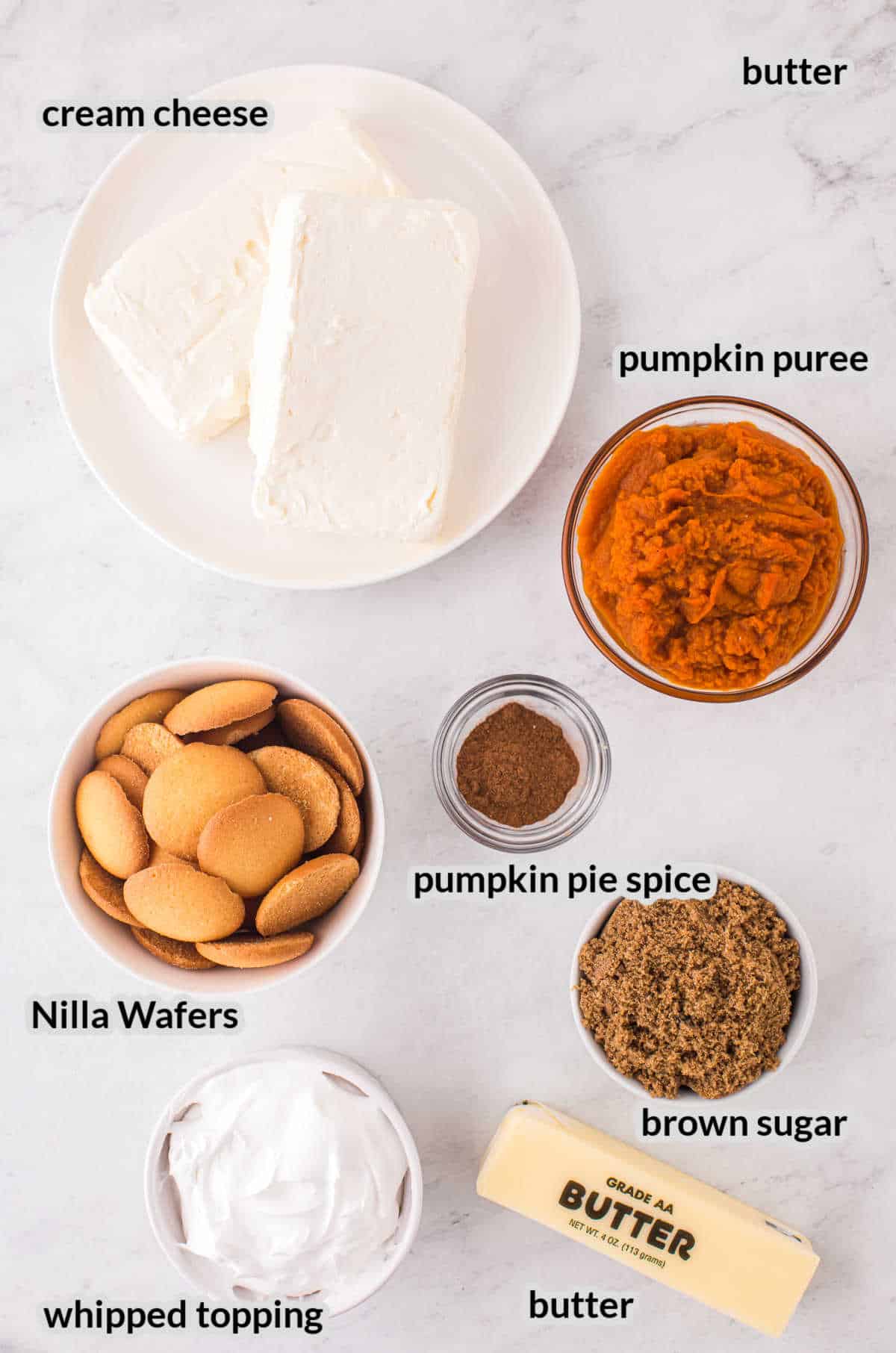 Overhead image of No Bake Pumpkin Cheesecake Ingredients