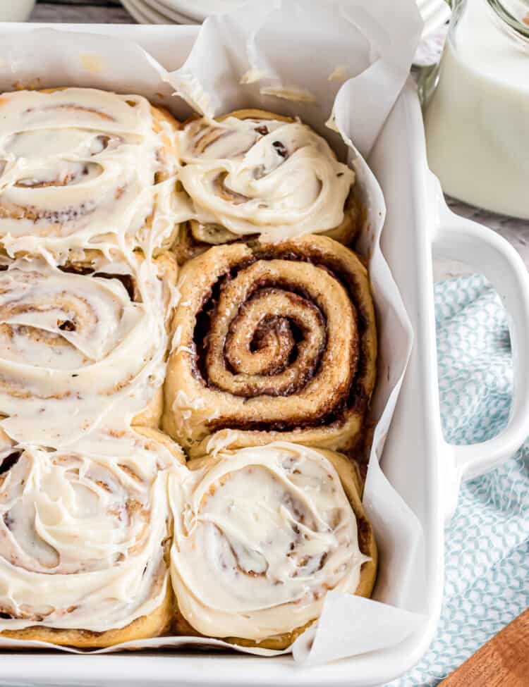 1 Hour Cinnamon Rolls in pan with frosting