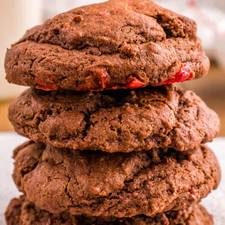 Stack of soft chocolate cherry cookies