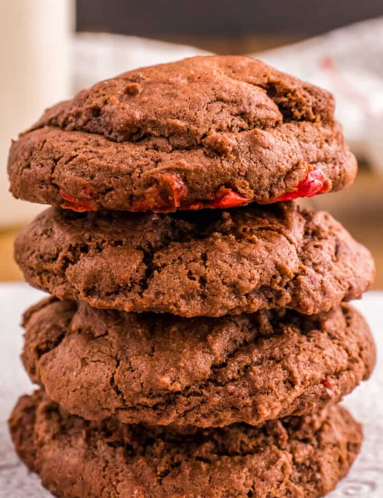 Stack of soft chocolate cherry cookies