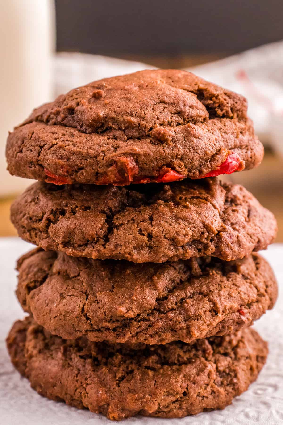 Stack of soft chocolate cherry cookies