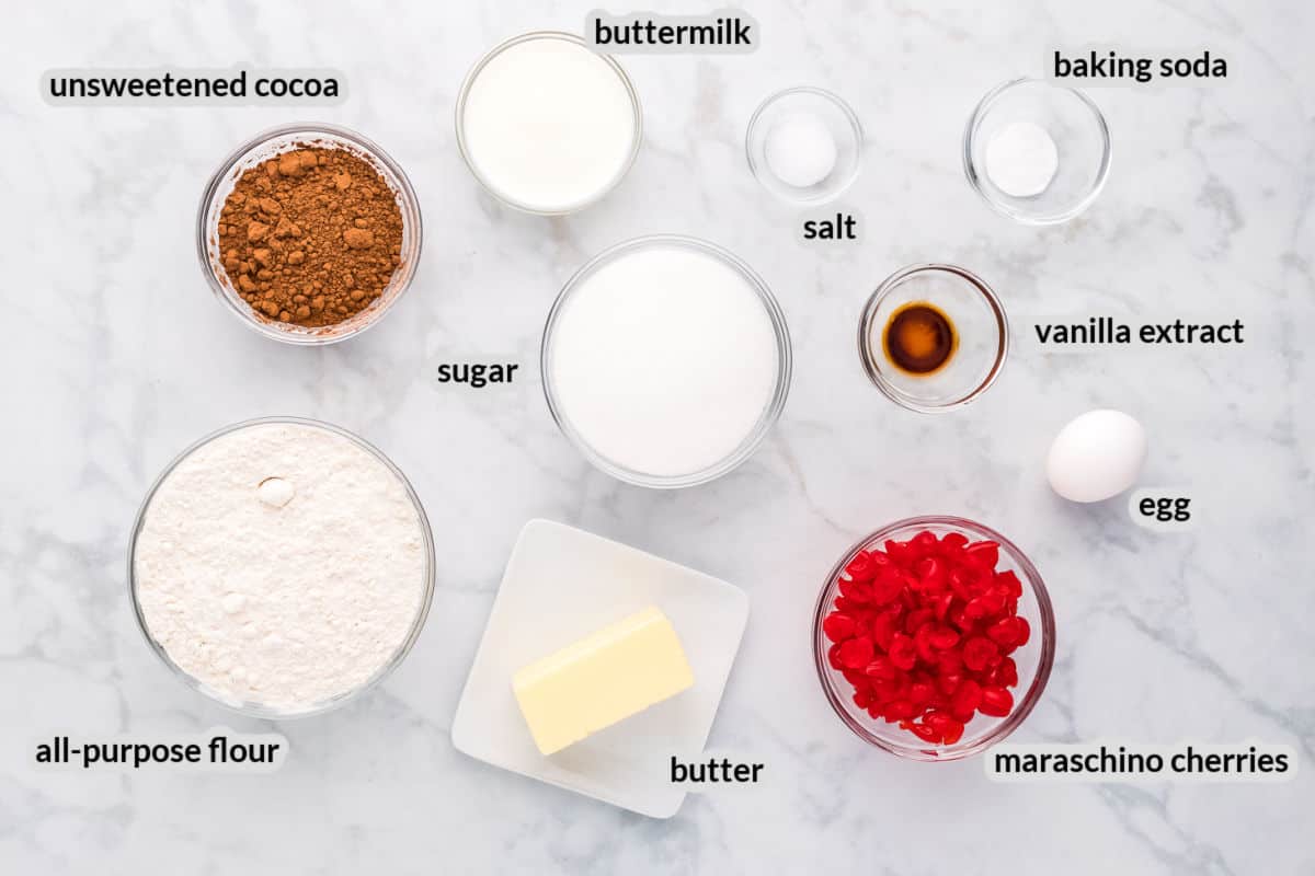 Overhead image of Chocolate Cherry Cookies Ingredients