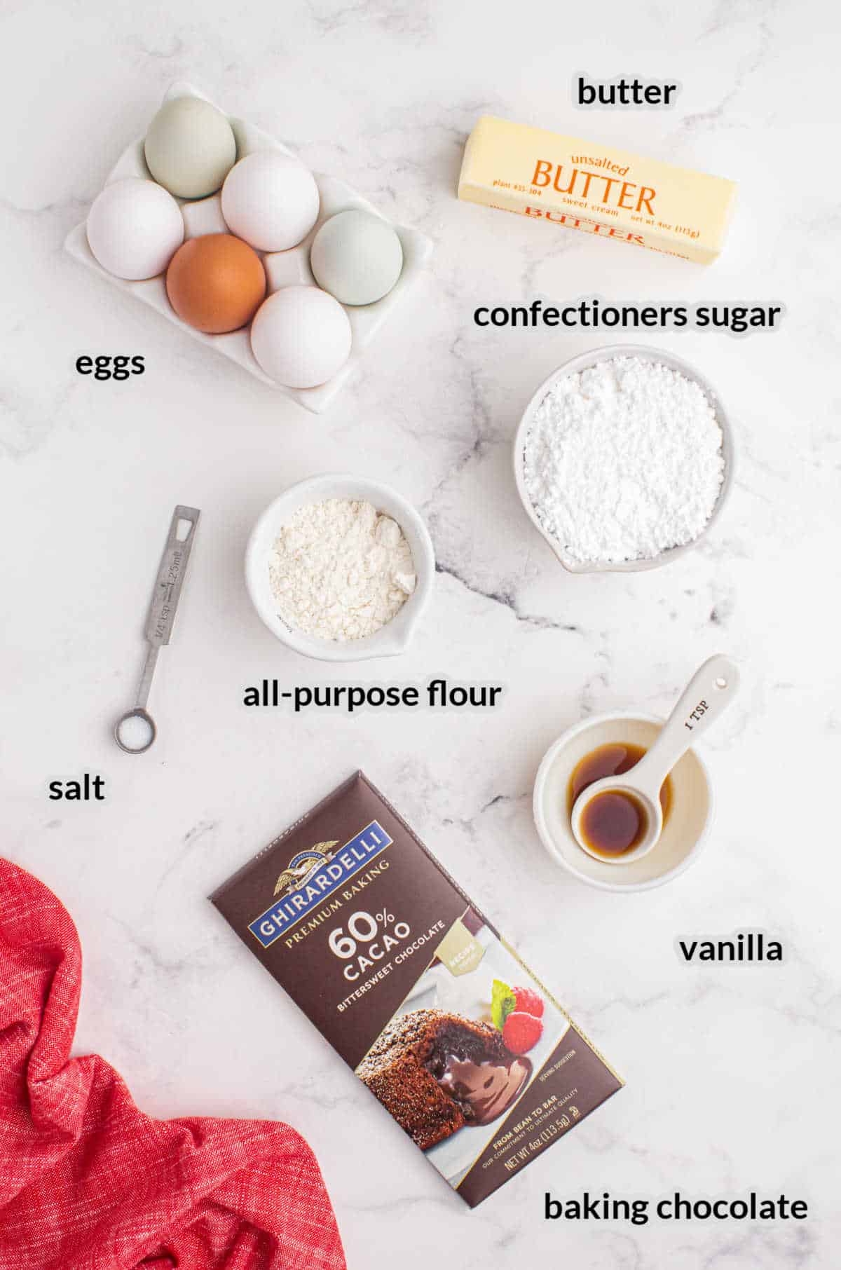 Overhead Image of Chocolate Lava Cake Ingredients