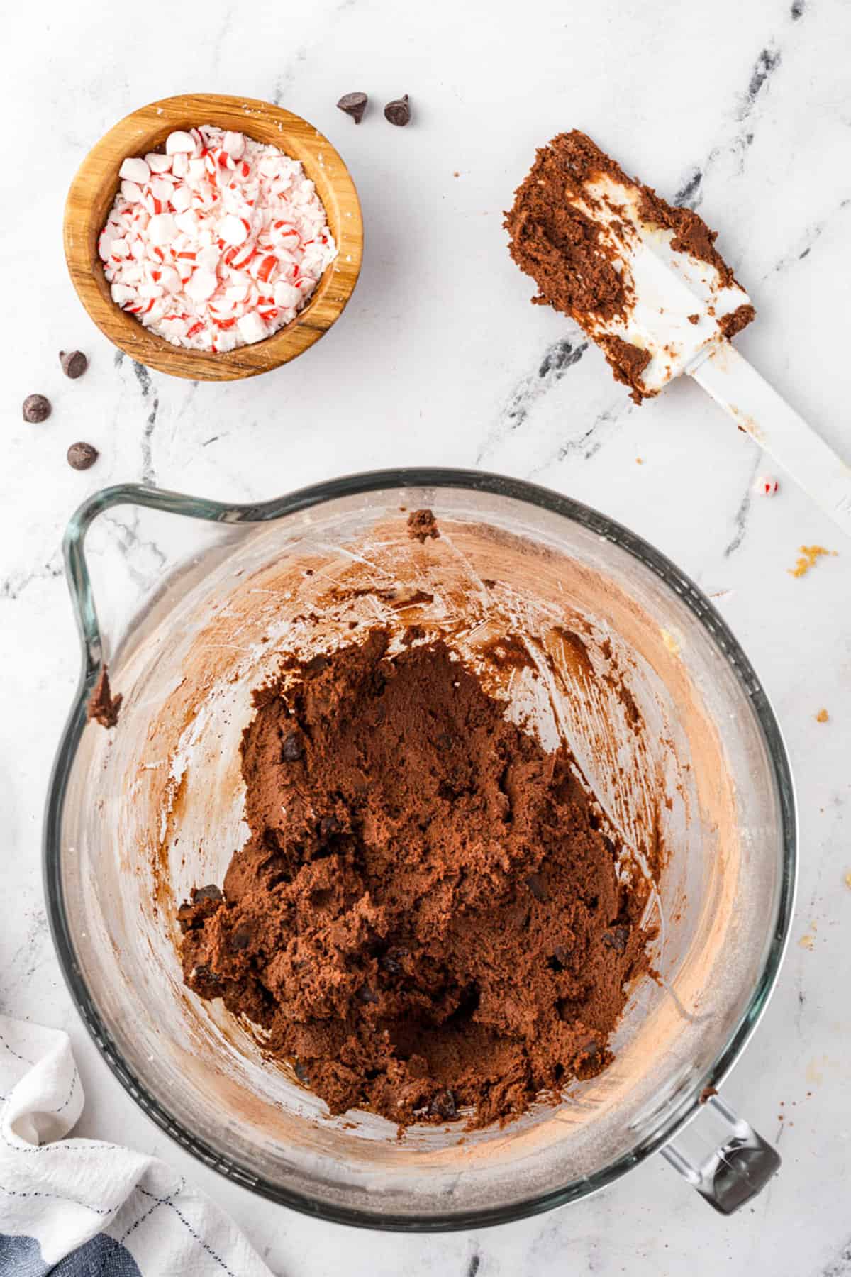 Chocolate Peppermint cookie dough in glass bowl