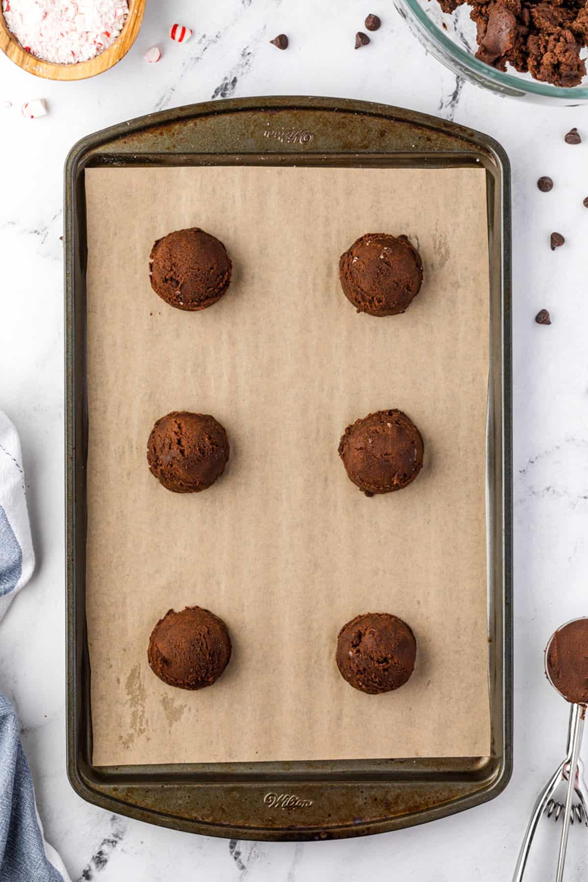 Double chocolate cookies on baking sheet