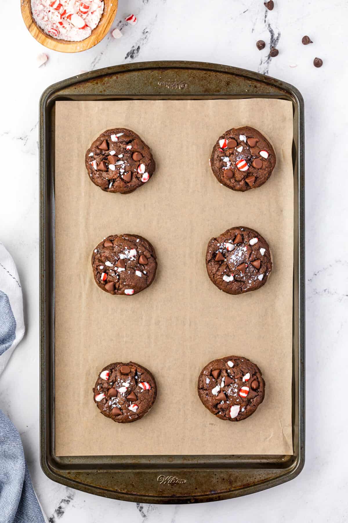 Baked Chocolate Peppermint cookies on baking sheet