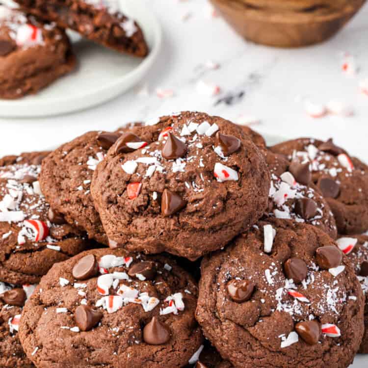 Chocolate Peppermint Cookies stack on white plate