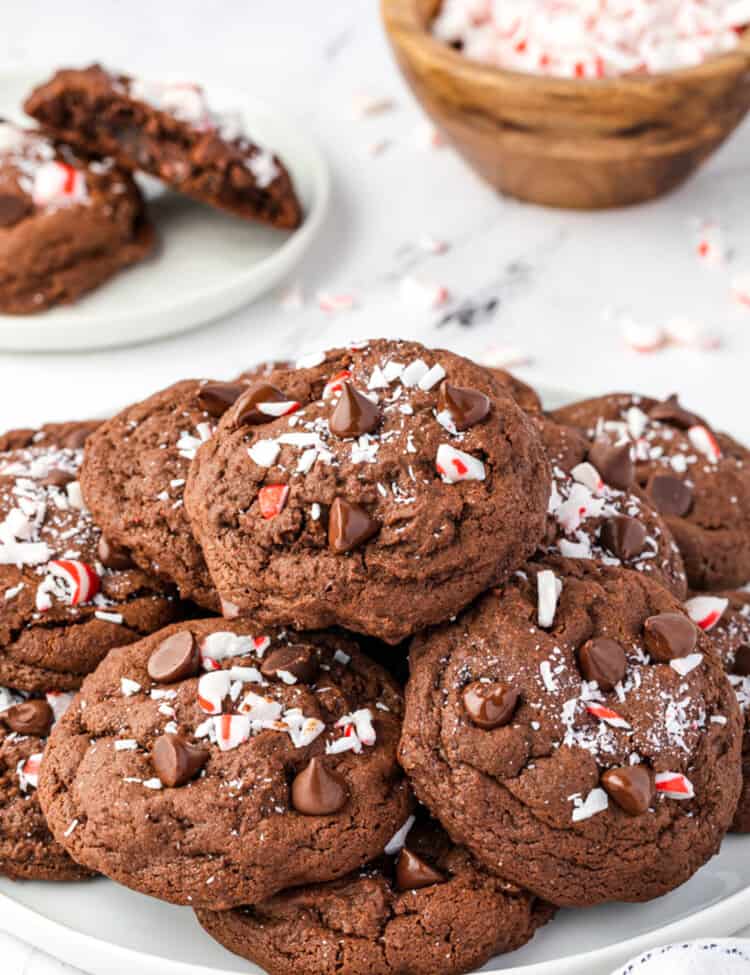 Chocolate Peppermint Cookies stack on white plate