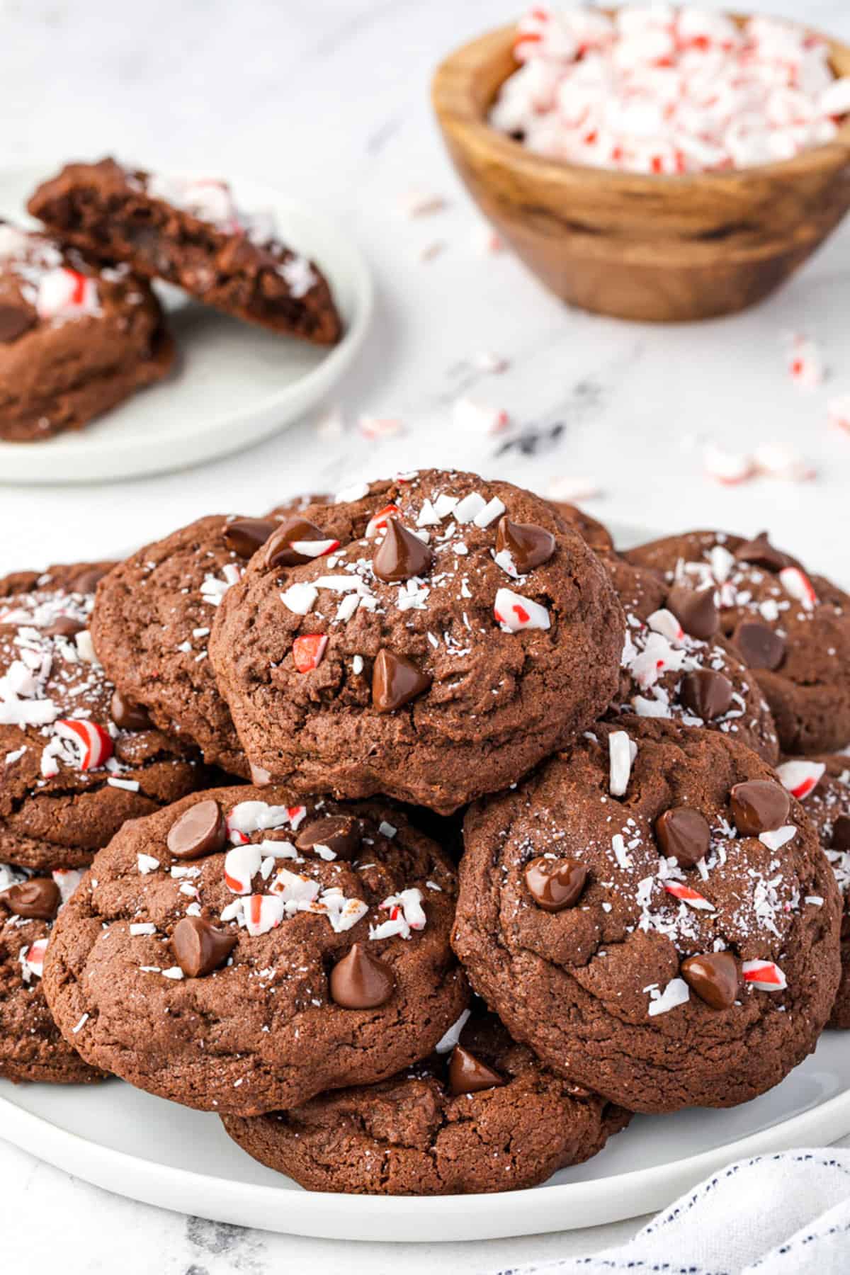 Chocolate Peppermint Cookies stack on white plate