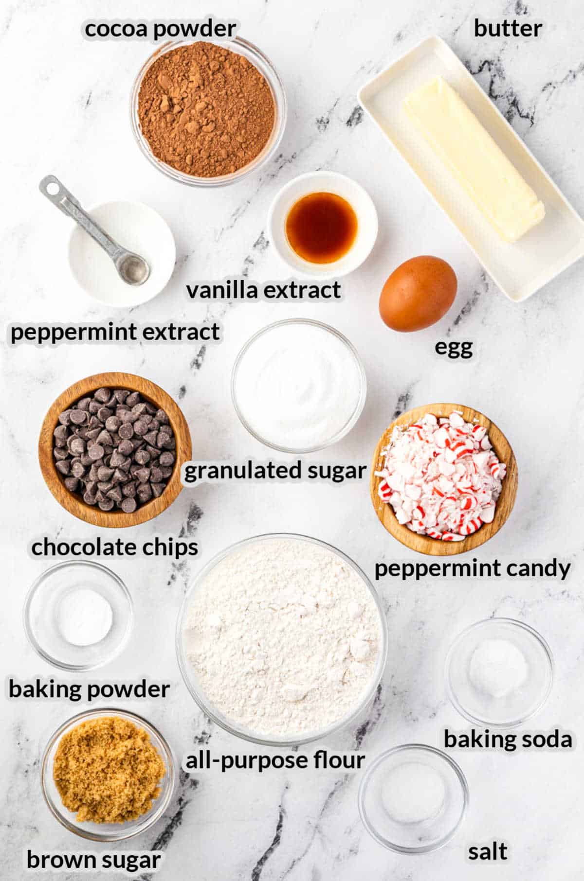 Overhead image of Chocolate Peppermint Cookies Ingredients