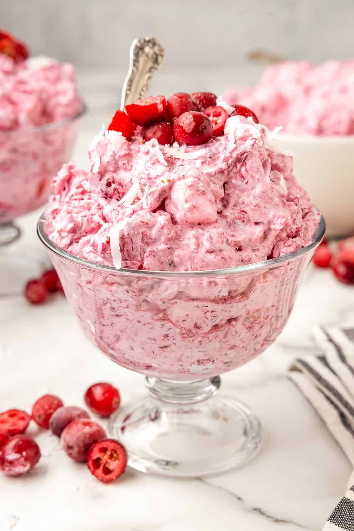 Cranberry Fluff in bowl with spoon