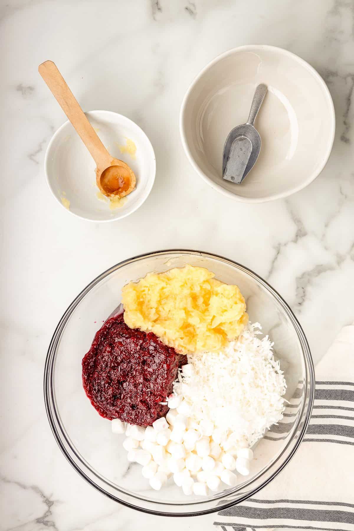 Ingredients in bowl for cranberry fluff salad