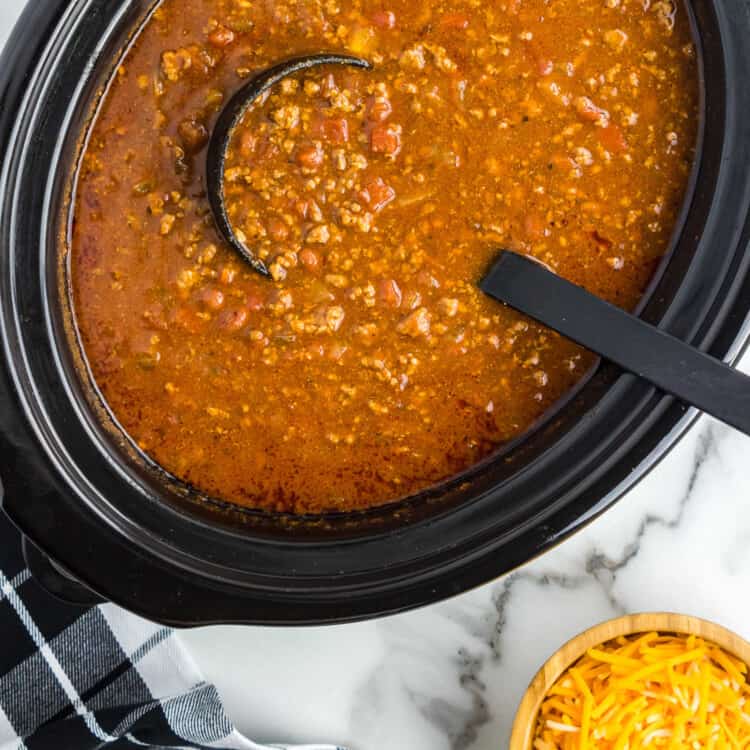 Crockpot Chili in slow cooker Square cropped image