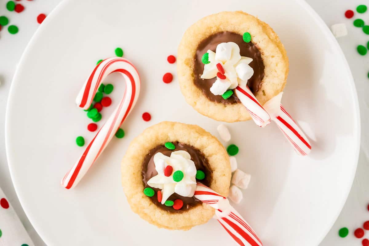 Overhead image of Hot Chocolate Cookie Cups on white plate