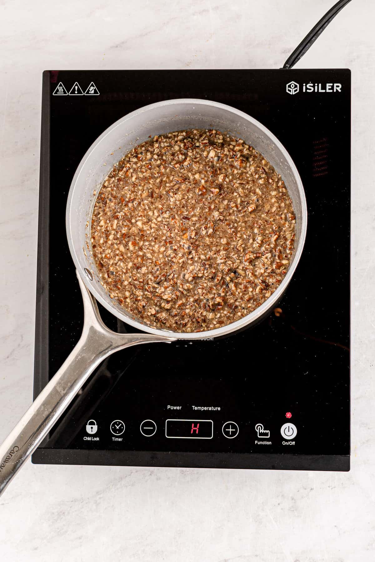 Pecan pie topping in saucepan