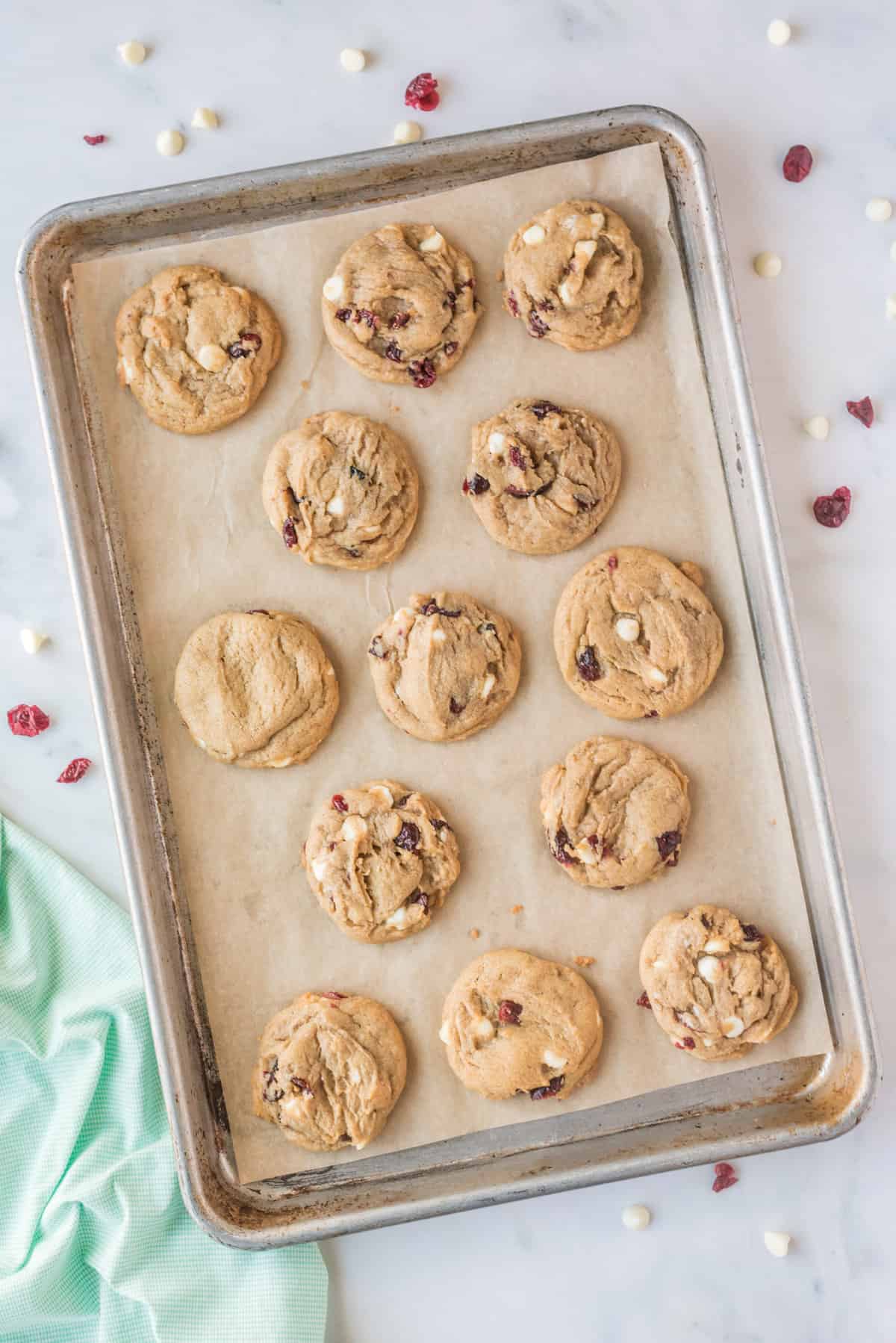 Baked White Chocolate Cranberry Cookies on baking sheet