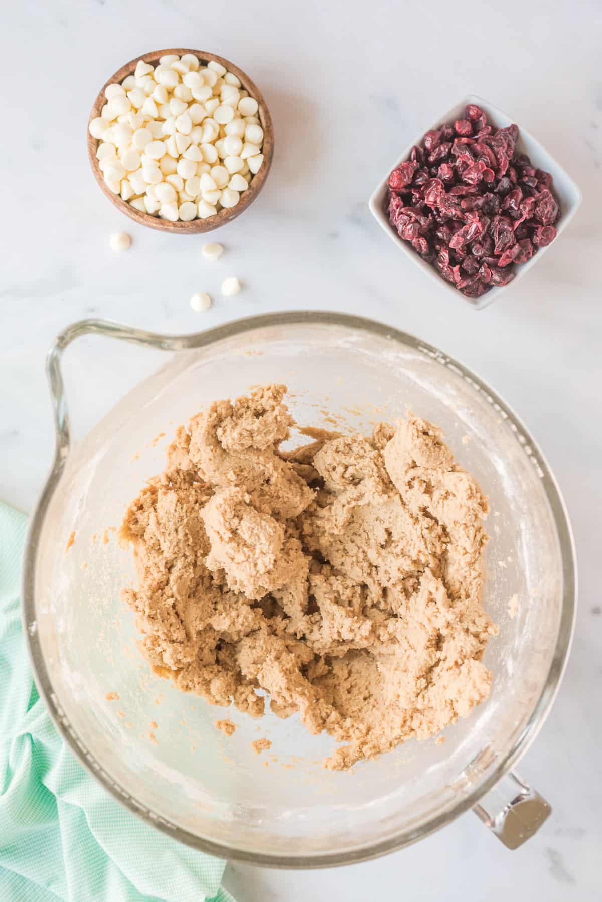 Cookie dough mixed in glass bowl