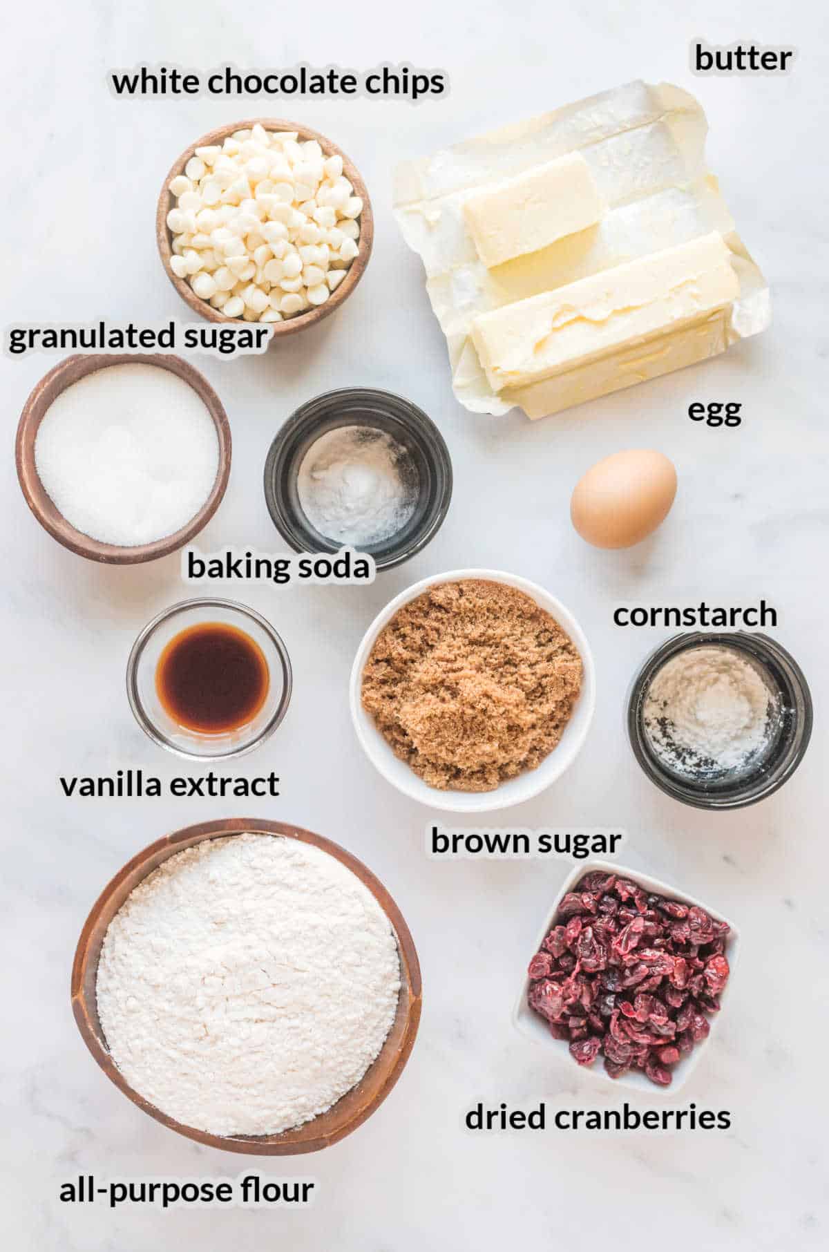 Overhead image of White Chocolate Cranberry Cookies Ingredients