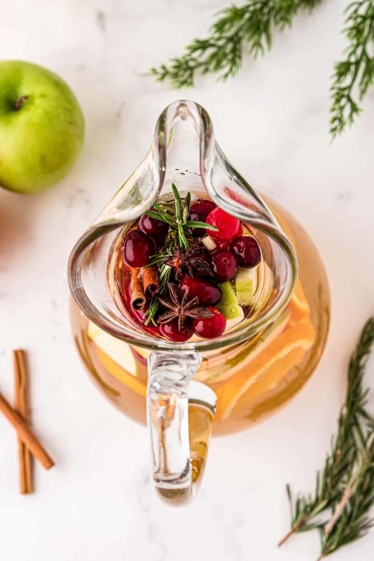 Overhead image of a pitcher of white sangria