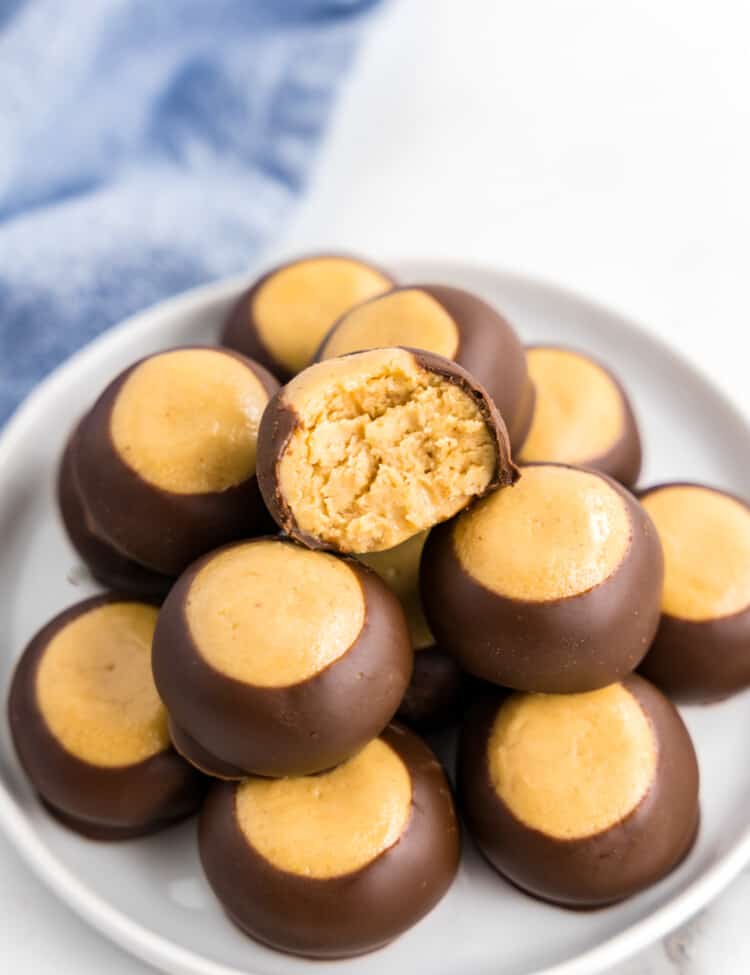 White plate with stack of buckeye candy