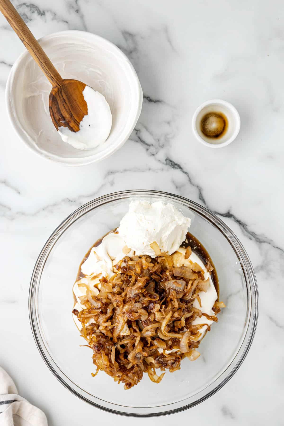 Overhead Image of Caramelized Onion with Dip Ingredients