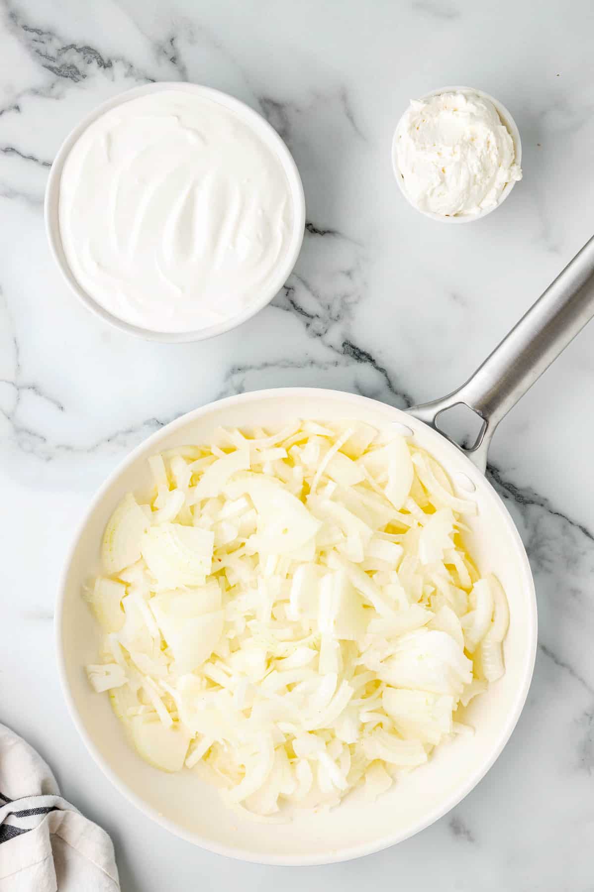 Adding Onions to Melted Butter in Saute Pan for Onion Dip