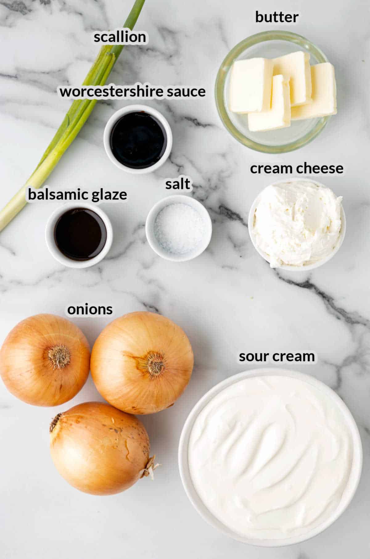 Overhead Image of Caramelized Onion Dip Ingredients