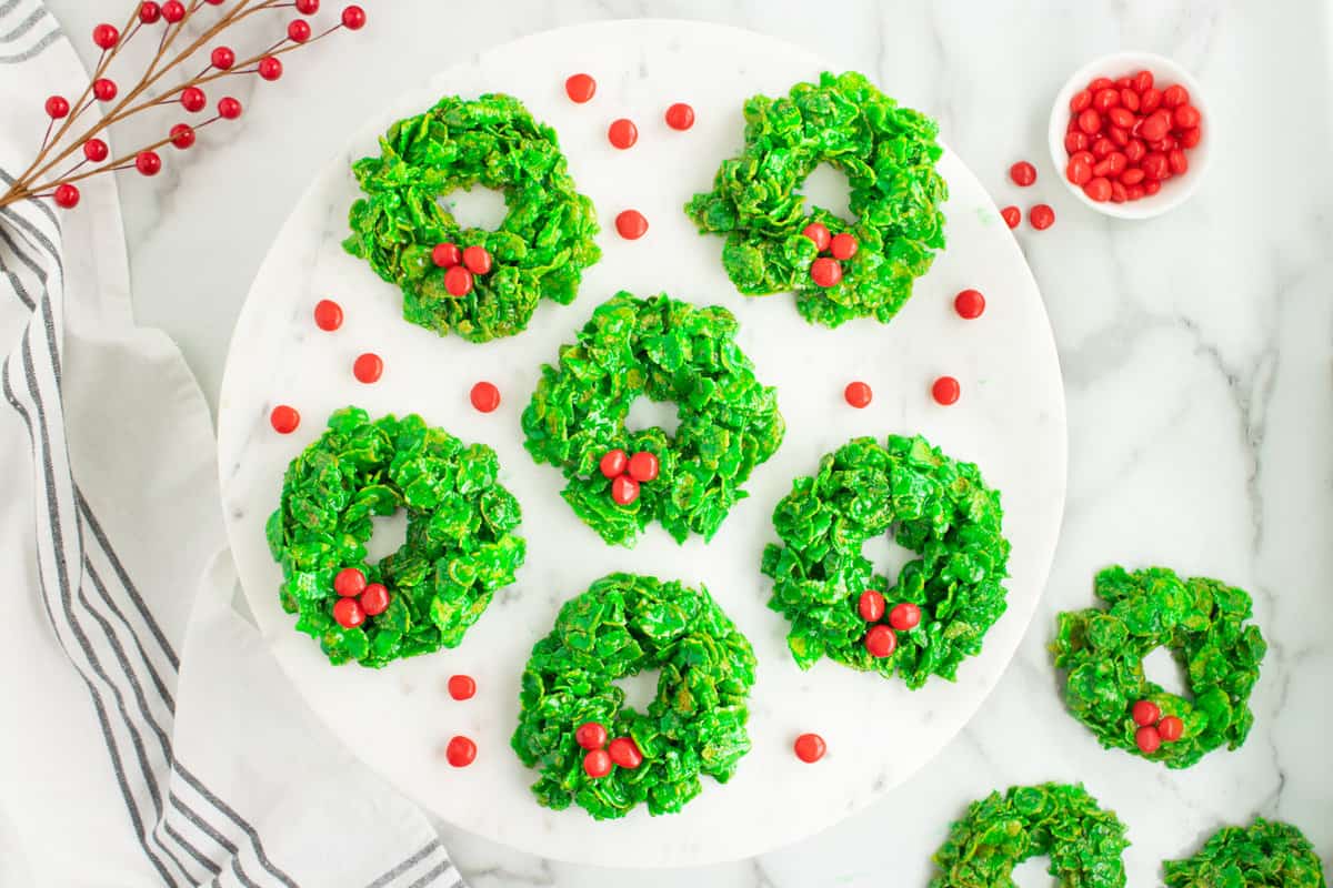 White plate with Christmas cornflake wreaths on it