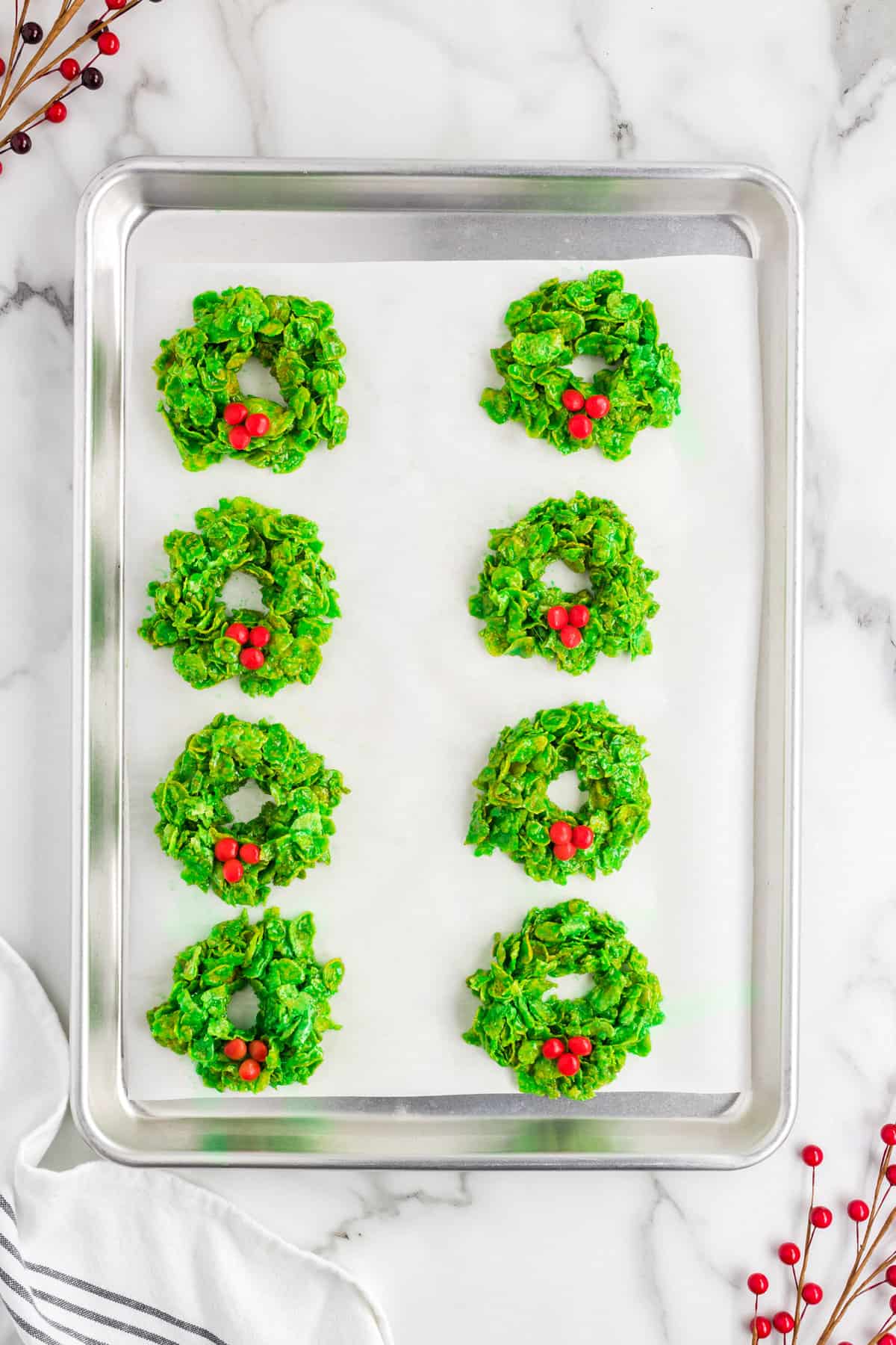 Sheet pan with Christmas Cornflake Wreaths